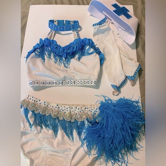 Custom solo Glamorous dance costume white blue 2 piece embellished lyrical XSA - Picture 4 of 15
